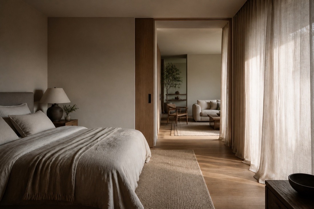 Une chambre ouvre sur un séjour par un passage dégagé