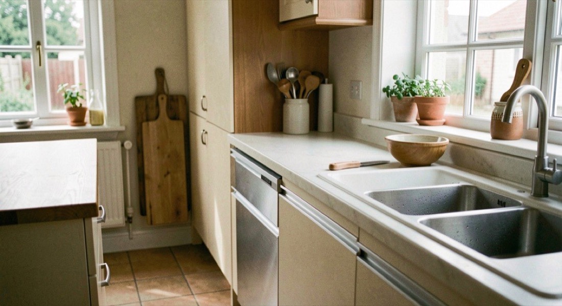 Une table de cuisine au matin avec un verre d'eau, un carnet de santé ouvert et un stylo posé dessus